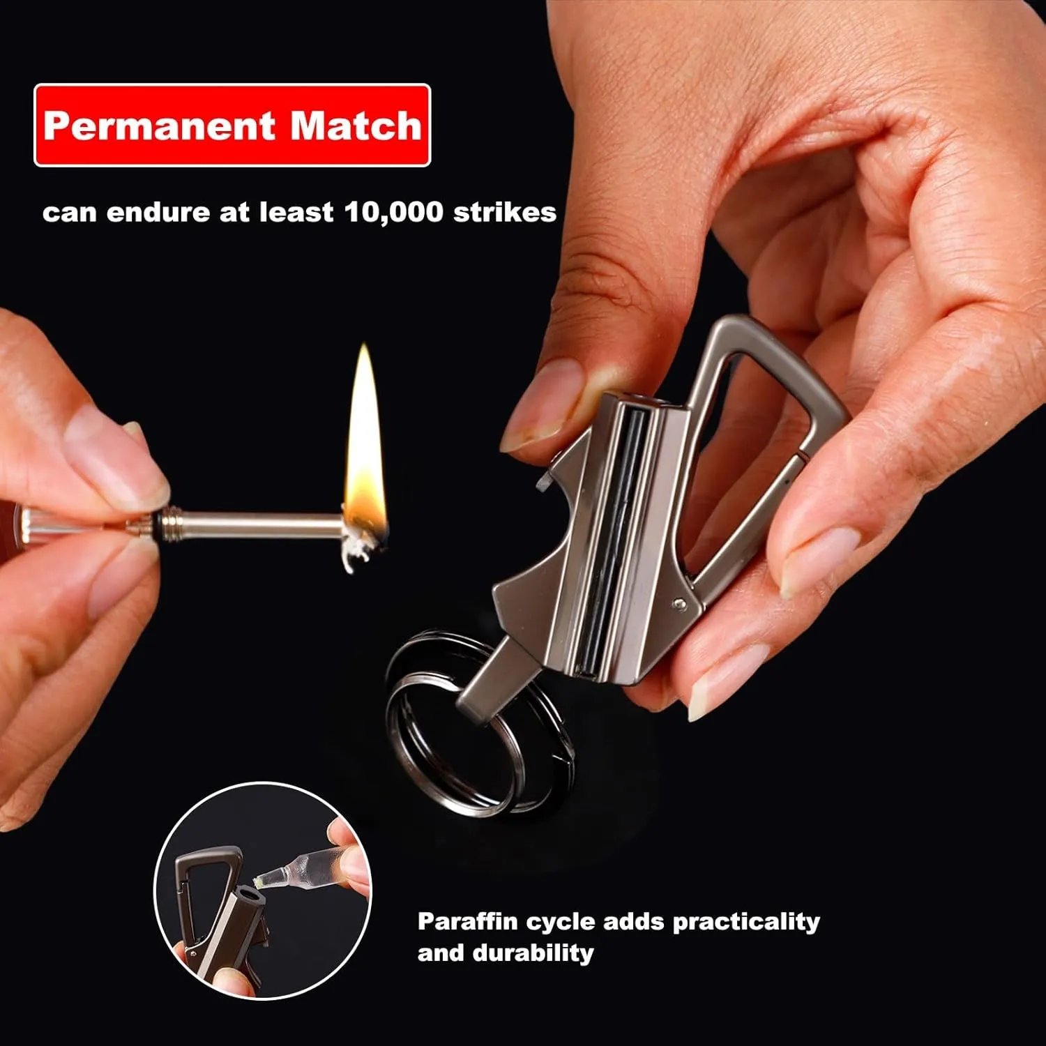 Keychain Lighter Metal Permanent Match Kerosene Lighter Reusable Waterproof Windproof， EDC Emergency Flint Fire Starter with Multitools Bottle Opener, for Outdoor Survival Gift for Men(Silver)