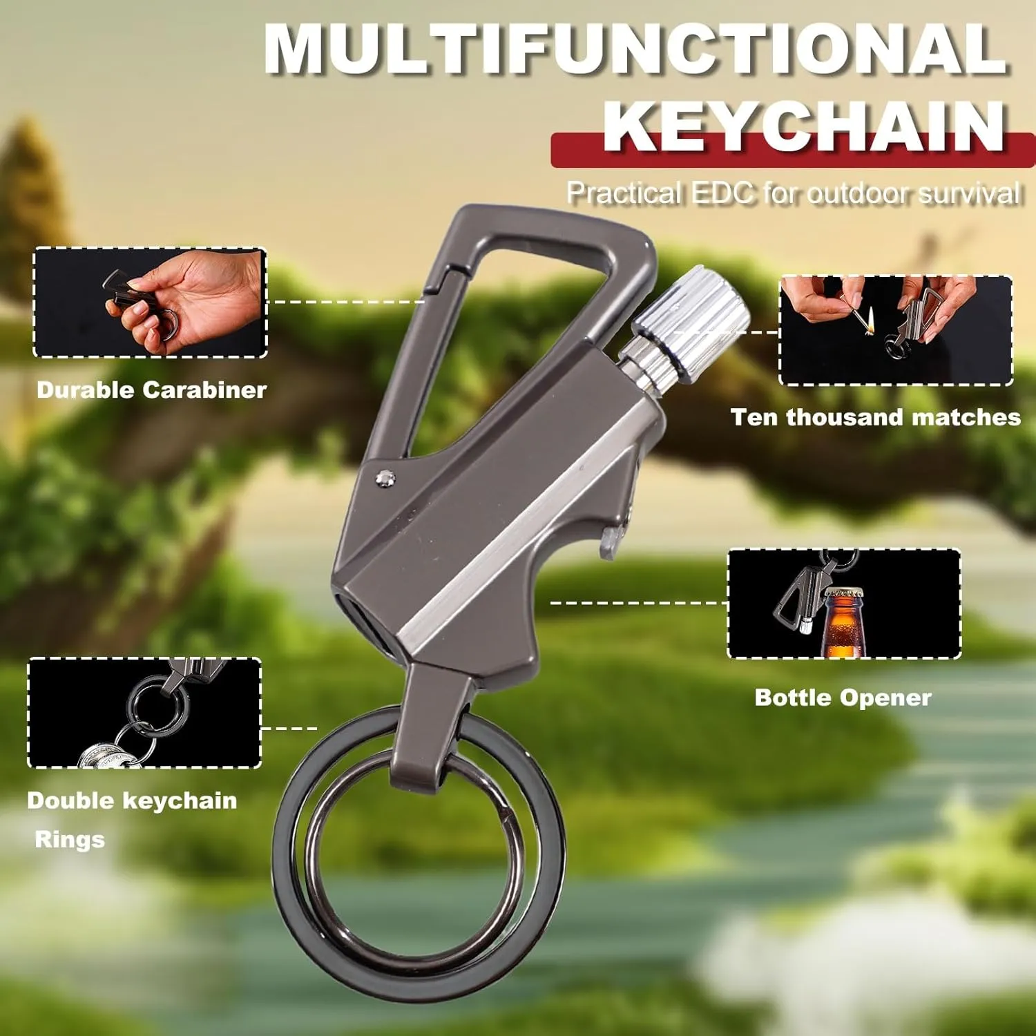 Keychain Lighter Metal Permanent Match Kerosene Lighter Reusable Waterproof Windproof， EDC Emergency Flint Fire Starter with Multitools Bottle Opener, for Outdoor Survival Gift for Men(Silver)