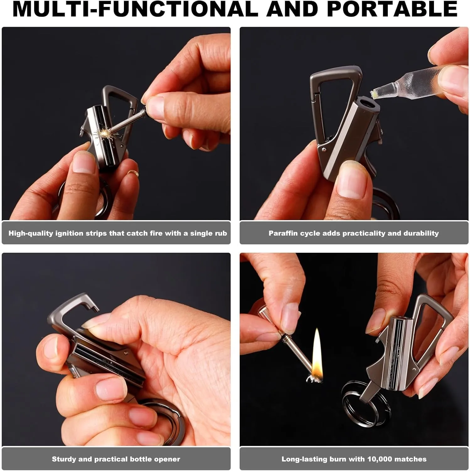 Keychain Lighter Metal Permanent Match Kerosene Lighter Reusable Waterproof Windproof， EDC Emergency Flint Fire Starter with Multitools Bottle Opener, for Outdoor Survival Gift for Men(Silver)
