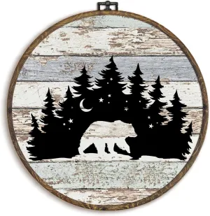 KFXHANGD Bear Forest Camping Round Wall Art Framed, Camping Woodland Decor, Farmhouse Camping Canvas Wall Art Decor, Rustic Woodland Hanging Wall Decor for Bathroom Bedroom, 10x10inch