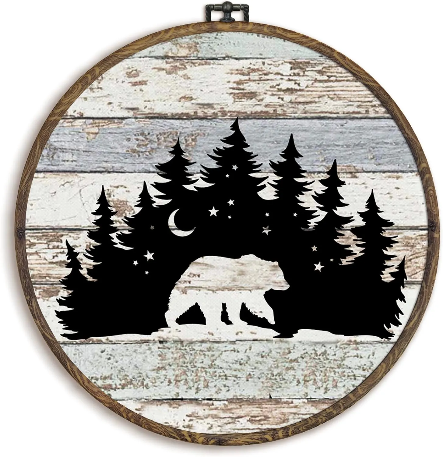 KFXHANGD Bear Forest Camping Round Wall Art Framed, Camping Woodland Decor, Farmhouse Camping Canvas Wall Art Decor, Rustic Woodland Hanging Wall Decor for Bathroom Bedroom, 10x10inch