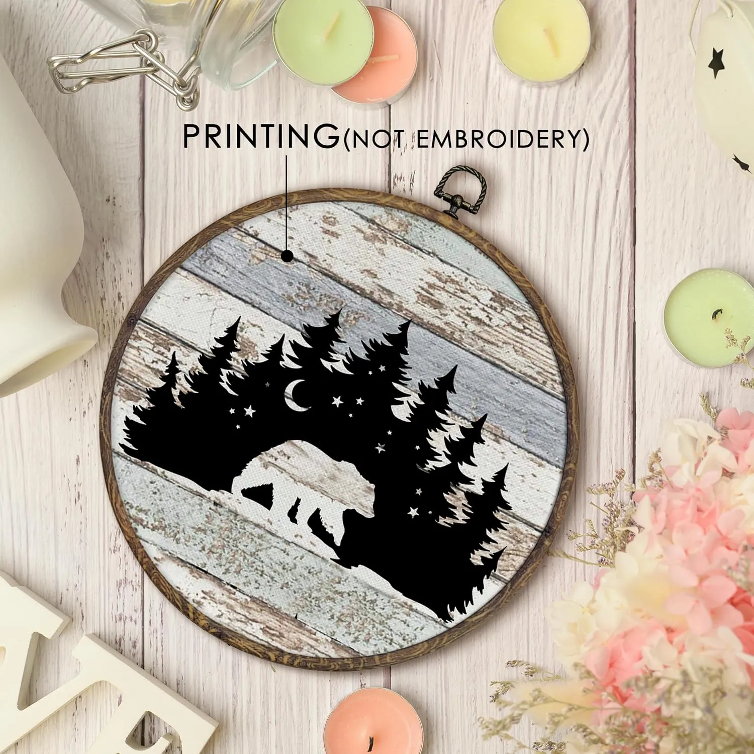 KFXHANGD Bear Forest Camping Round Wall Art Framed, Camping Woodland Decor, Farmhouse Camping Canvas Wall Art Decor, Rustic Woodland Hanging Wall Decor for Bathroom Bedroom, 10x10inch