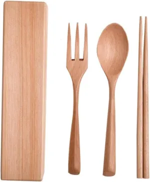 KICHOUSE 1set Portable Wooden Cutlery Camping Utensils Chopsticks Spoon Fork Lightweight and Easy to Clean for Picnics Camping and Outdoor Dining