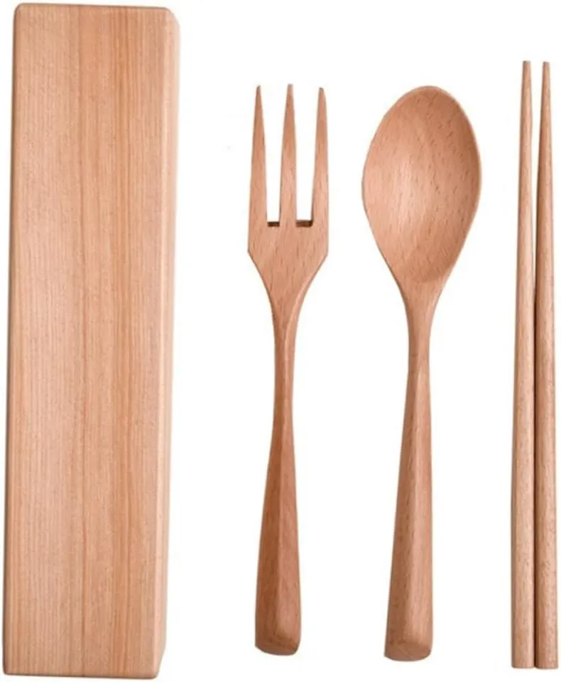 KICHOUSE 1set Portable Wooden Cutlery Camping Utensils Chopsticks Spoon Fork Lightweight and Easy to Clean for Picnics Camping and Outdoor Dining