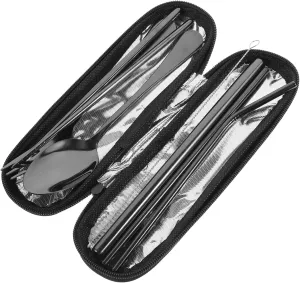 KICHOUSE Portable Camping Dinnerware 4-Piece Stainless Steel Utensil Set Fork Spoon Chopsticks Compact Travel Cutlery Kit with Straw Cleaning Tool Random Style