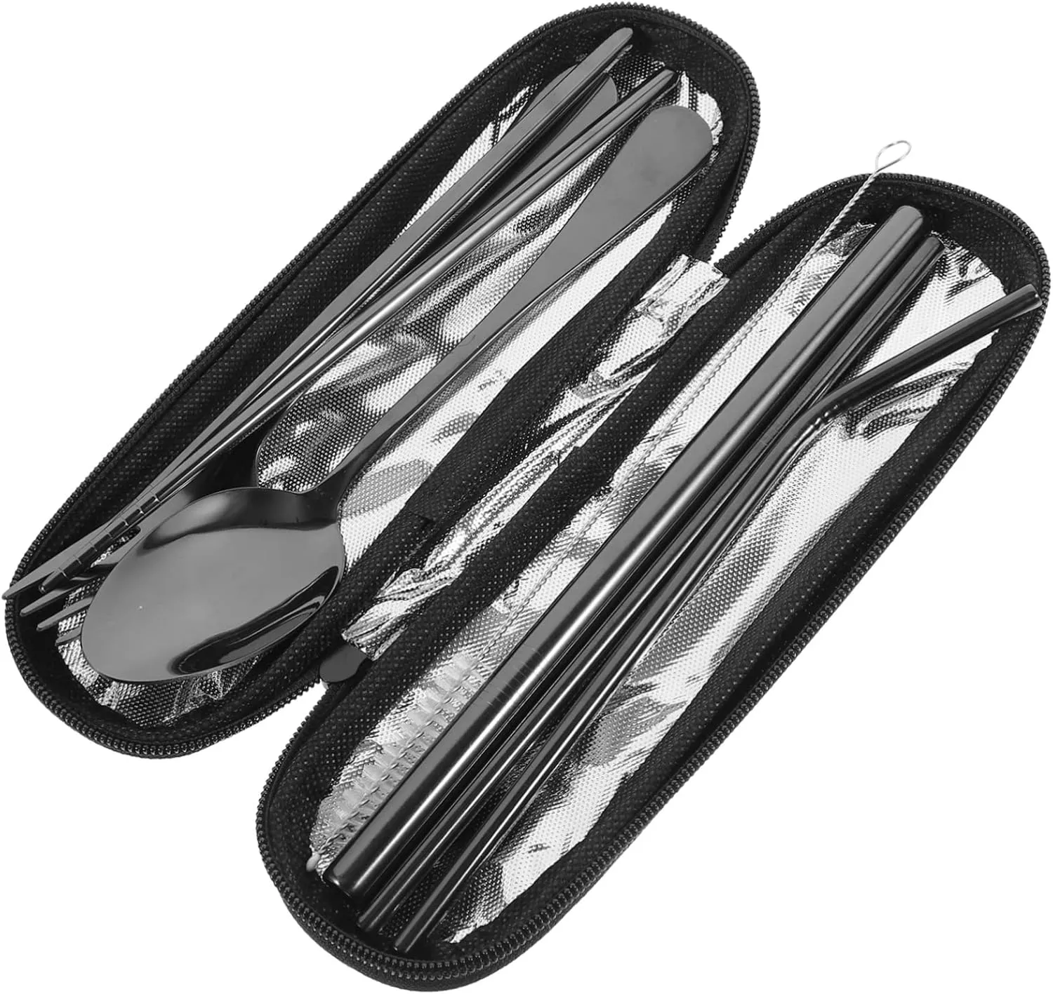 KICHOUSE Portable Camping Dinnerware 4-Piece Stainless Steel Utensil Set Fork Spoon Chopsticks Compact Travel Cutlery Kit with Straw Cleaning Tool Random Style