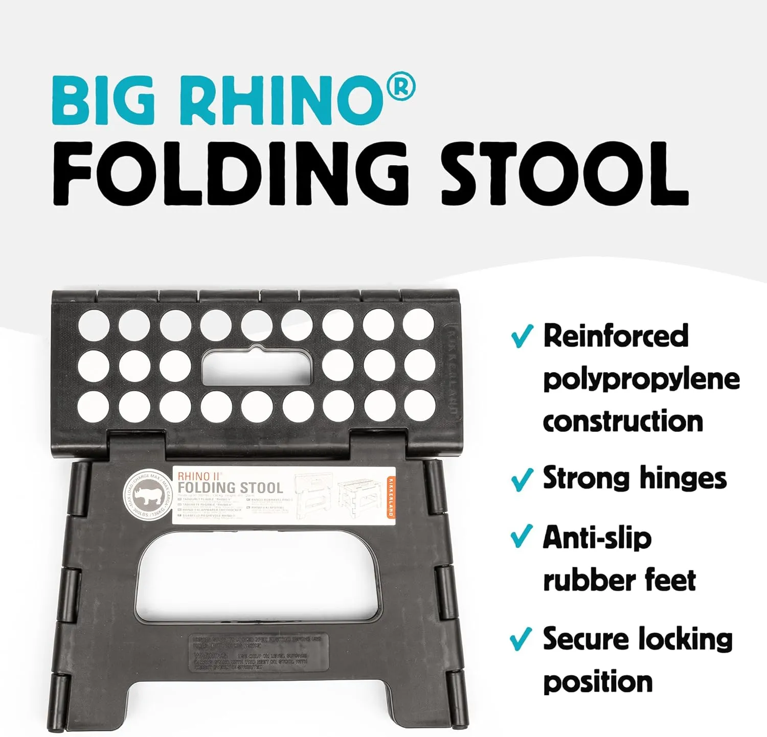 Kikkerland Rhino Foldable Step Stool – Holds Adults up to 300 Lbs, Best for Kitchen & Bathroom – Collapsible, Portable, Lightweight Stepping Stool with Sturdy, Non-Slip Design – Black, 8”