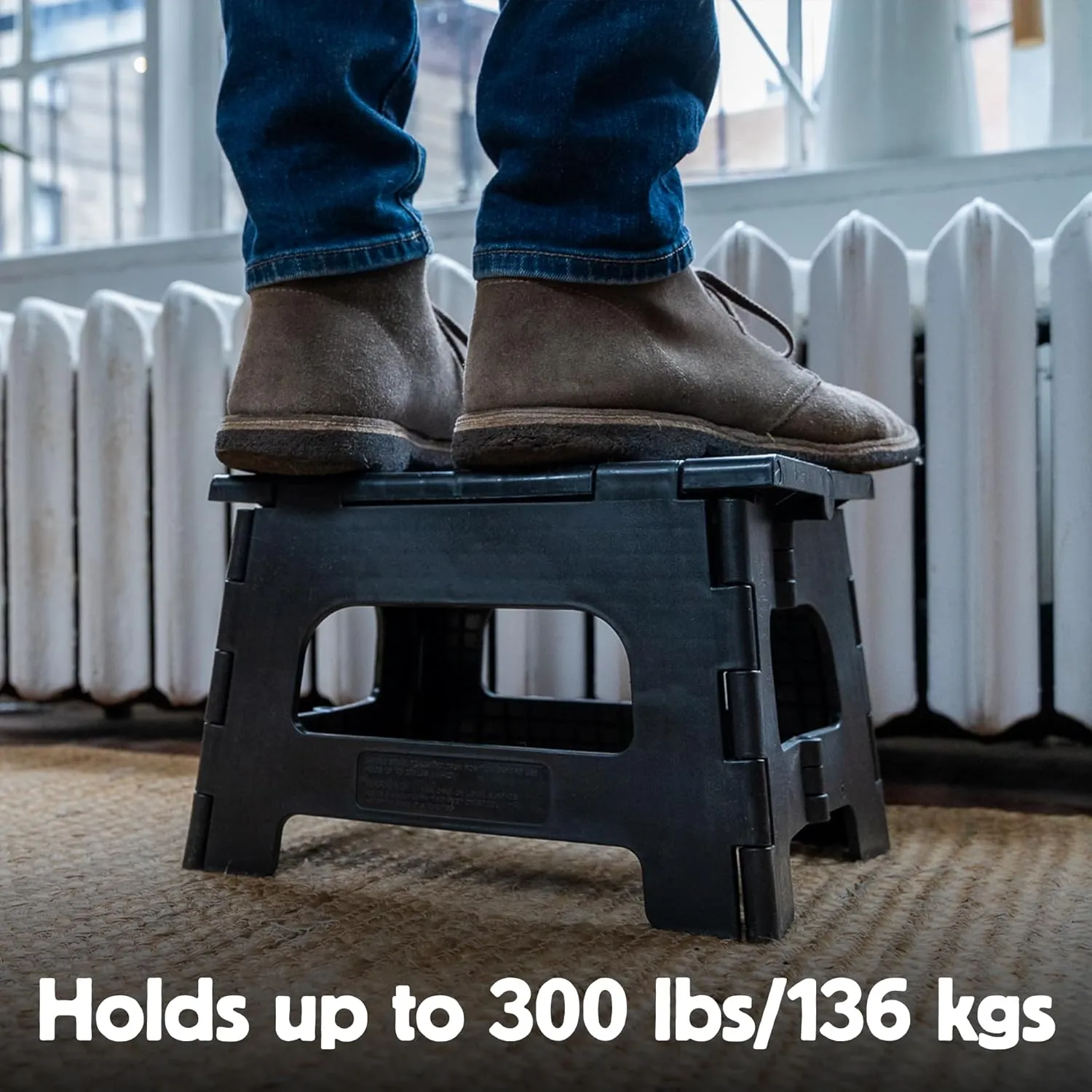 Kikkerland Rhino Foldable Step Stool – Holds Adults up to 300 Lbs, Best for Kitchen & Bathroom – Collapsible, Portable, Lightweight Stepping Stool with Sturdy, Non-Slip Design – Black, 8”
