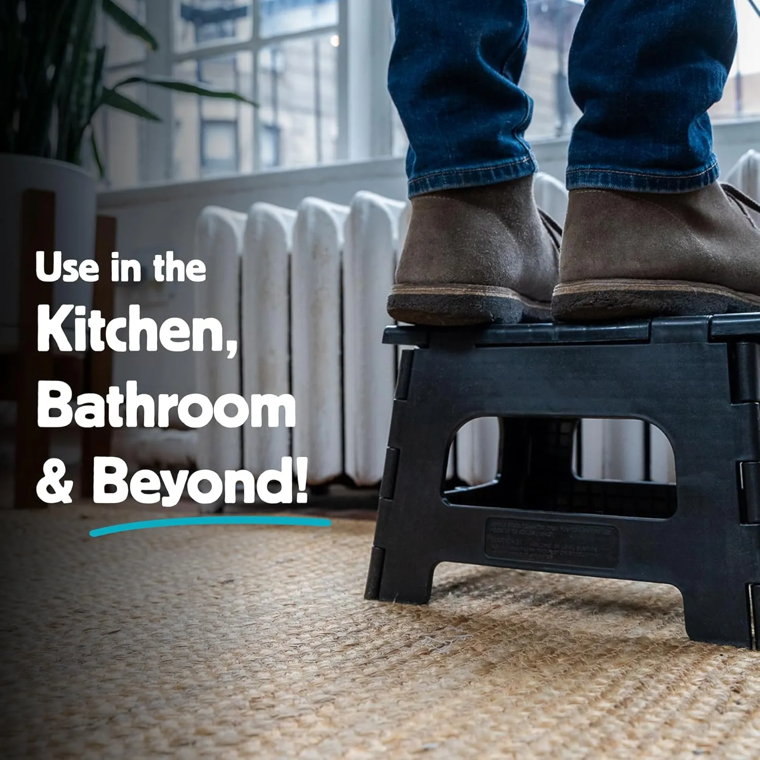Kikkerland Rhino Foldable Step Stool – Holds Adults up to 300 Lbs, Best for Kitchen & Bathroom – Collapsible, Portable, Lightweight Stepping Stool with Sturdy, Non-Slip Design – Black, 8”