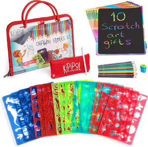 Kipipol 63 Pcs Drawing Stencils for Kids Ages 4-8 - 8-12 and Up - Arts and Crafts for Girls and Boys - Kids Drawing kit - Arts Set- 15 Art Stencils, 260  Designs -Scratch Art- Creativity Gifts & Toys