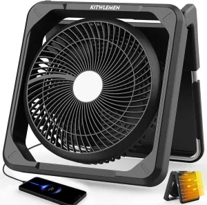 KITWLEMEN 11.5 Inch Solar Camping Fan with Light- Rechargeable Battery Fan, 10W Detachable Solar Panel, 3 Speed, 6H Timer,60° Pivot Strong Airflow for Camping Fishing RV Trips Hurricane Power Outage