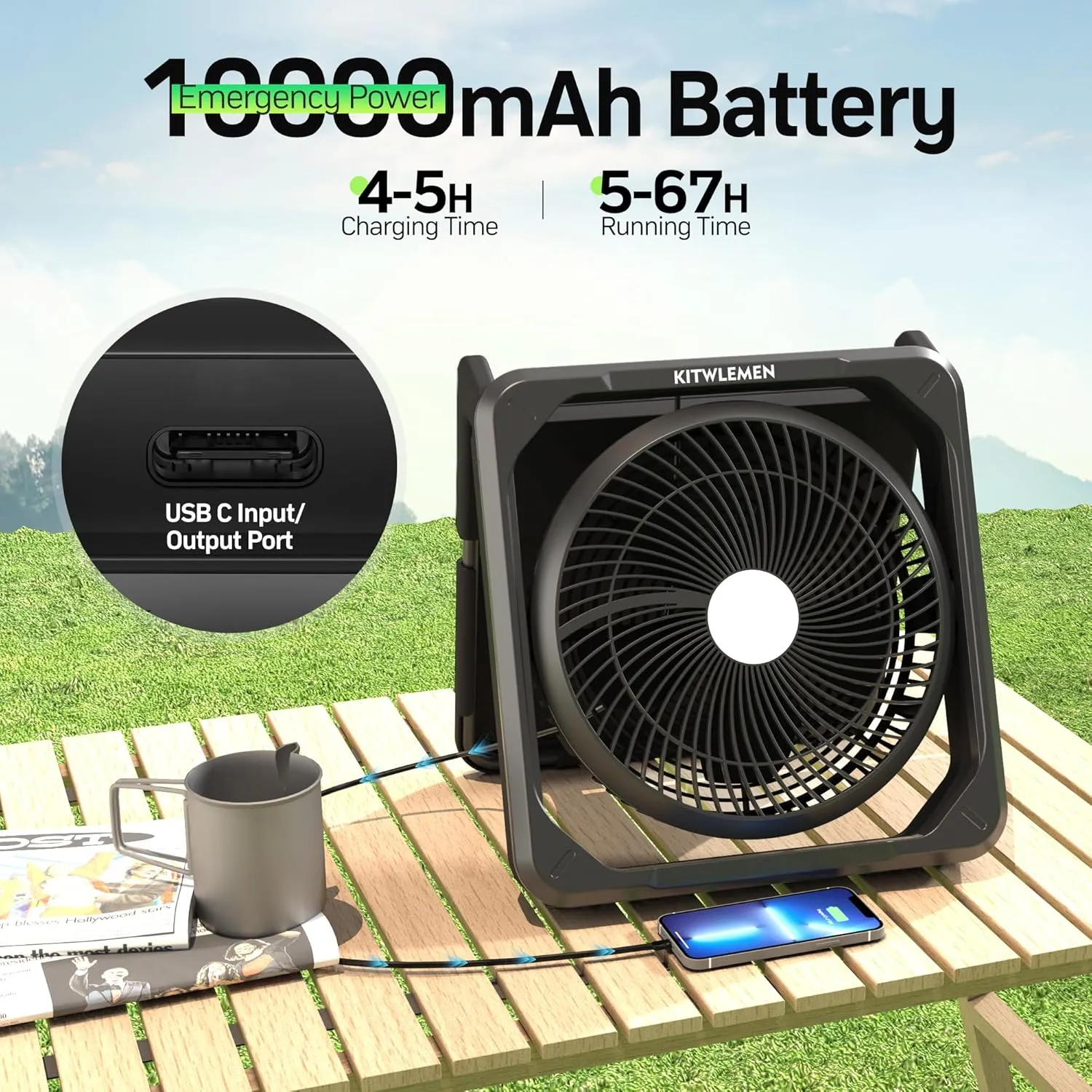 KITWLEMEN 11.5 Inch Solar Camping Fan with Light- Rechargeable Battery Fan, 10W Detachable Solar Panel, 3 Speed, 6H Timer,60° Pivot Strong Airflow for Camping Fishing RV Trips Hurricane Power Outage