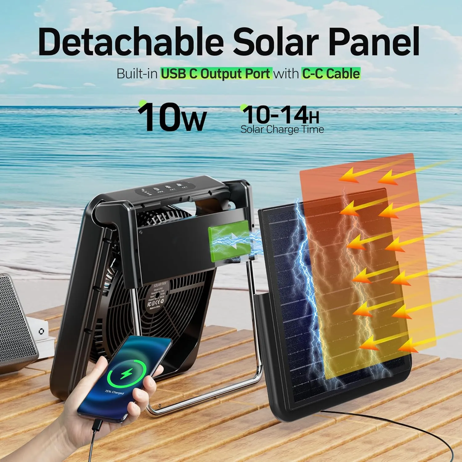 KITWLEMEN 11.5 Inch Solar Camping Fan with Light- Rechargeable Battery Fan, 10W Detachable Solar Panel, 3 Speed, 6H Timer,60° Pivot Strong Airflow for Camping Fishing RV Trips Hurricane Power Outage