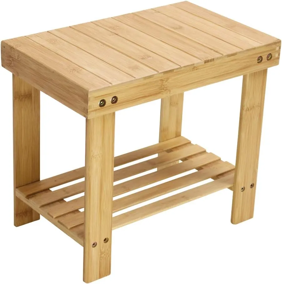 KKTONER Bamboo Step Stool with Storage Shower Bench with Shelf Foot Stool for Bathroom Living Room Bedroom Natural Color