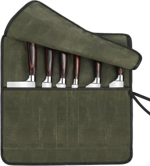 Knife Roll with 6 Slots, Durable Waxed Canvas Knife Bag, Tie Straps Knife Roll Bag Fit 8-Inch Chef Knives