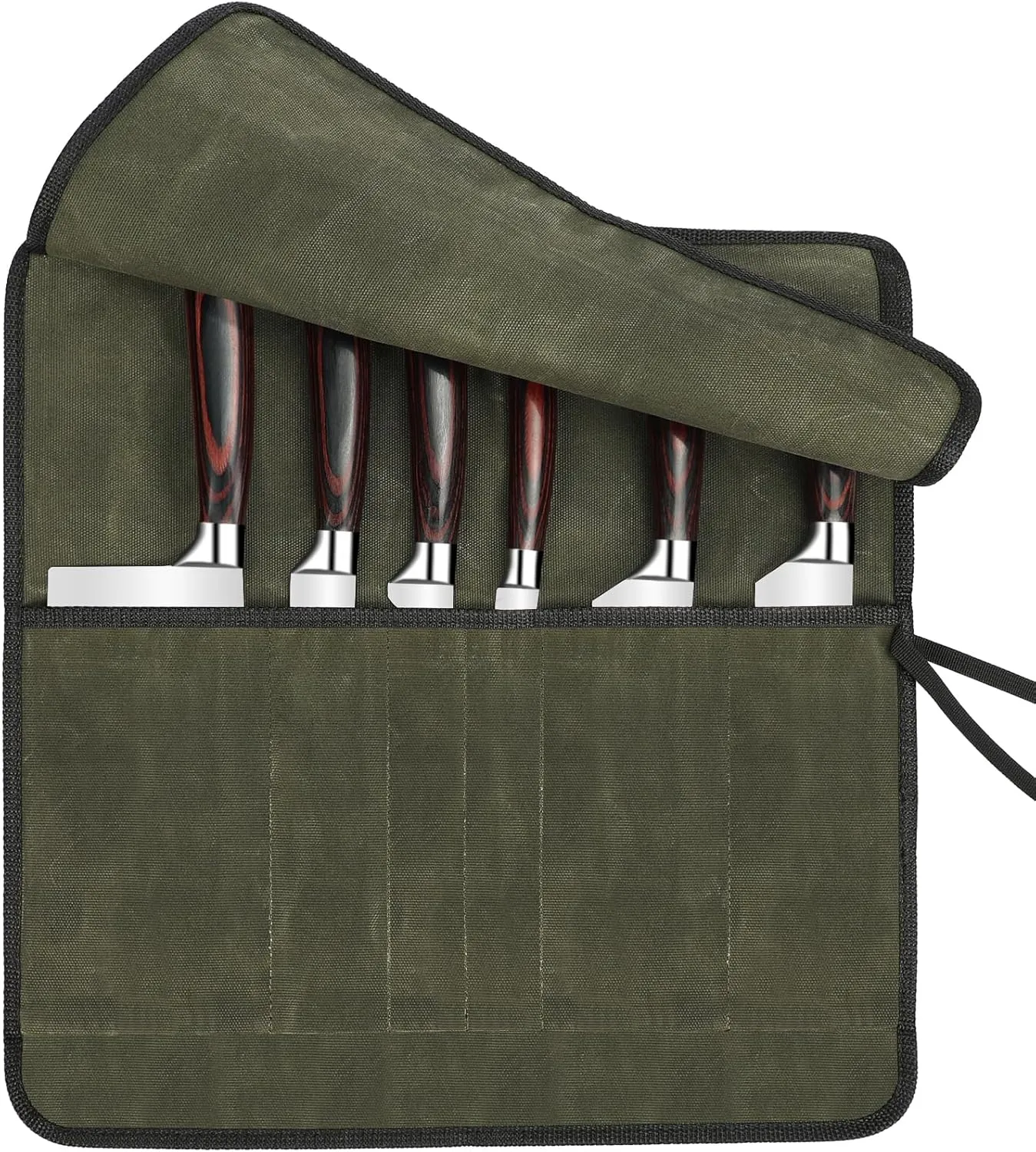 Knife Roll with 6 Slots, Durable Waxed Canvas Knife Bag, Tie Straps Knife Roll Bag Fit 8-Inch Chef Knives