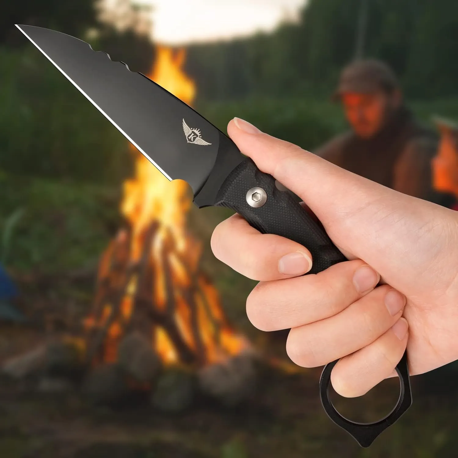 KOMWERO Fixed Blade Knife with Kydex Sheath, 8.66" D2 Steel Black Titanium Coated Blade, Full Tang with G10 Handle for Outdoor Camping Adventure Survival (Black)