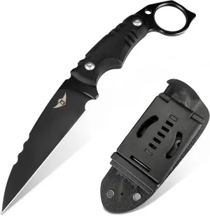 KOMWERO Fixed Blade Knife with Kydex Sheath, 8.66" D2 Steel Black Titanium Coated Blade, Full Tang with G10 Handle for Outdoor Camping Adventure Survival (Black)
