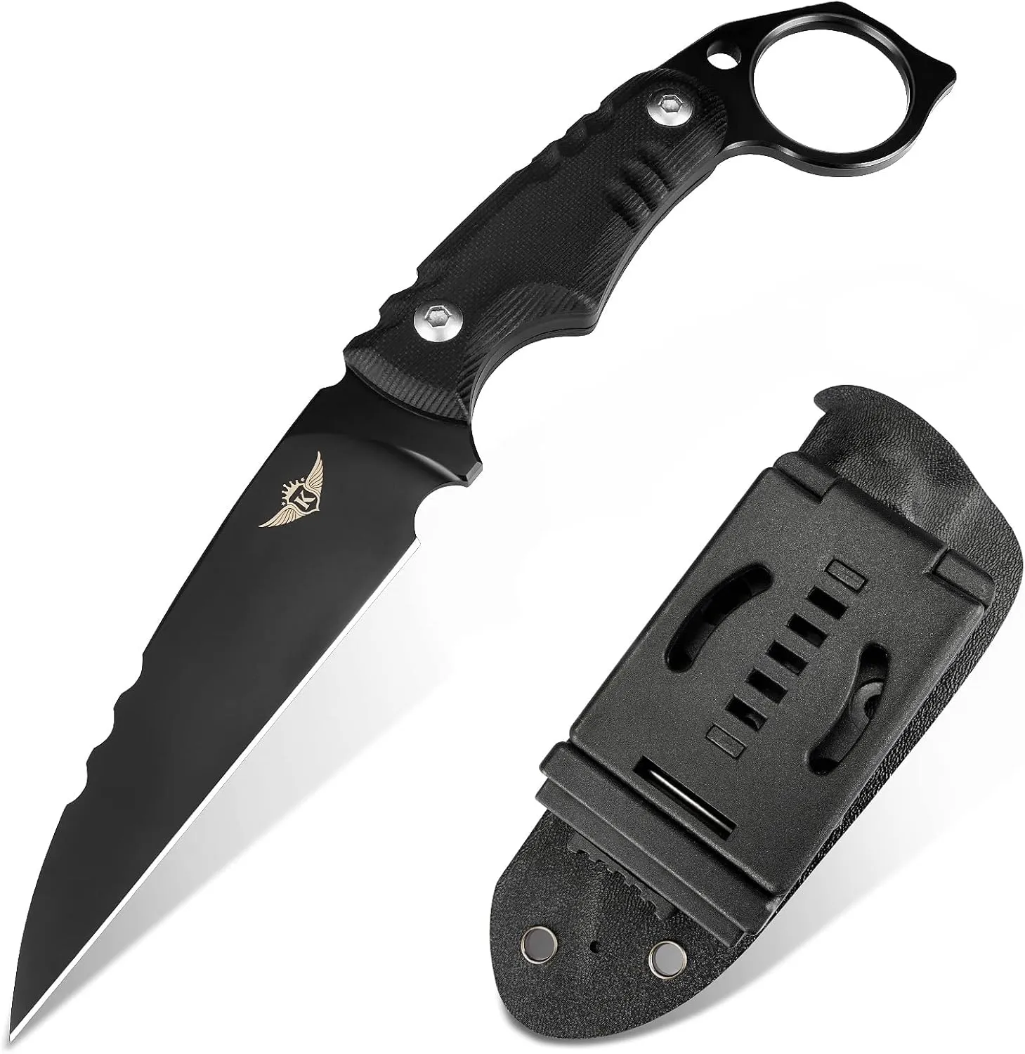 KOMWERO Fixed Blade Knife with Kydex Sheath, 8.66" D2 Steel Black Titanium Coated Blade, Full Tang with G10 Handle for Outdoor Camping Adventure Survival (Black)