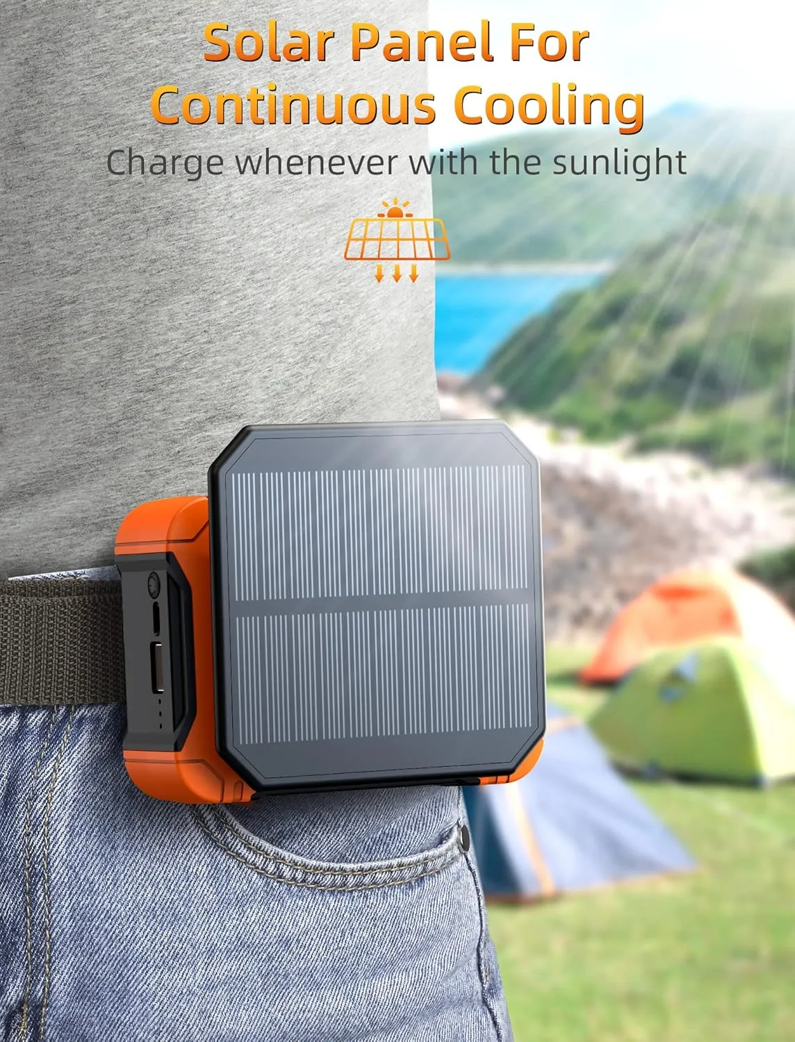 Koonie 10000mAh Waist Clip Fan with Solar Panel, 30H Working Time, Personal LED Light, Battery Powered Belt Fan, Strong Airflow, 3 Speeds, Body for Outdoor, Working, Camping, Hiking