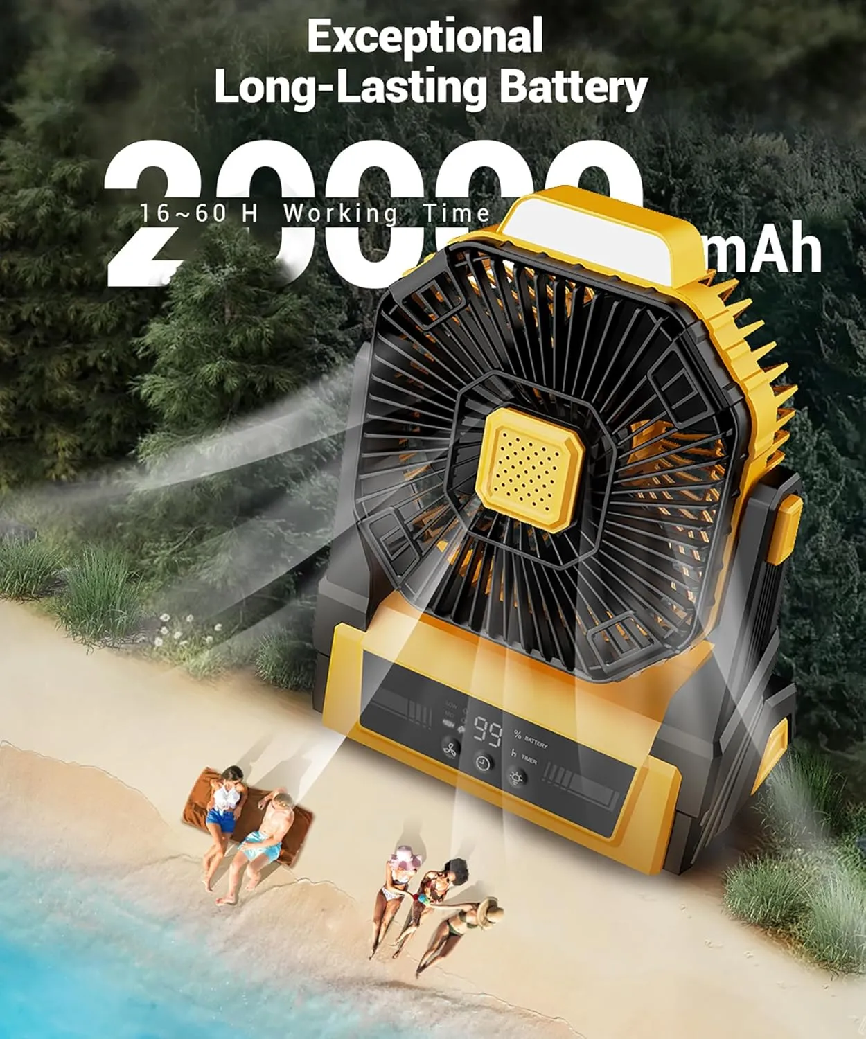 KopBeau Portable Camping Fan with Lights, 20000mAh Rechargeable Battery Operated Fan, Battery Powered Outdoor Beach Tent with 3 Speeds & Hook, Personal USB Table for Camping Accessories