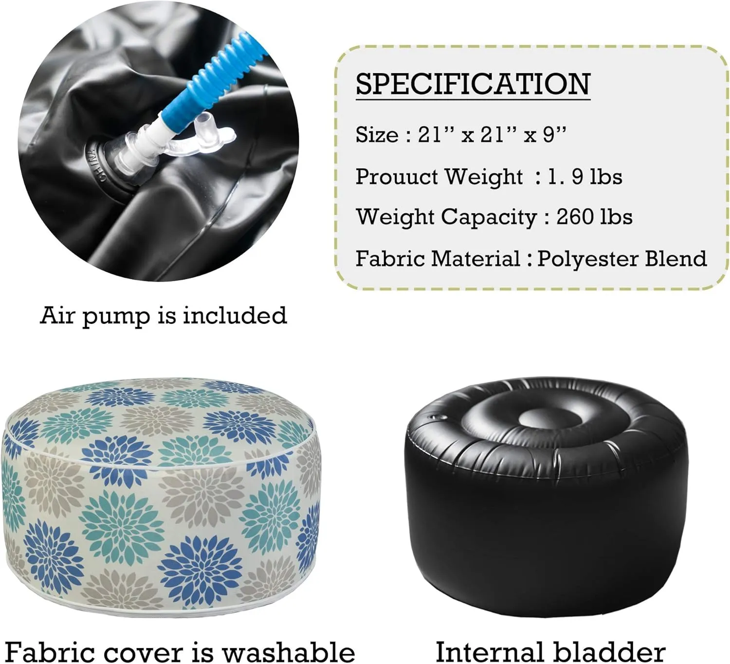Kozyard Inflatable Ottoman Stool - Portable Round Pouf for Indoor/Outdoor Use - Perfect Small Foot Rest or Seating for Kids and Adults - Ideal for Camping or Home (Cool Calm)
