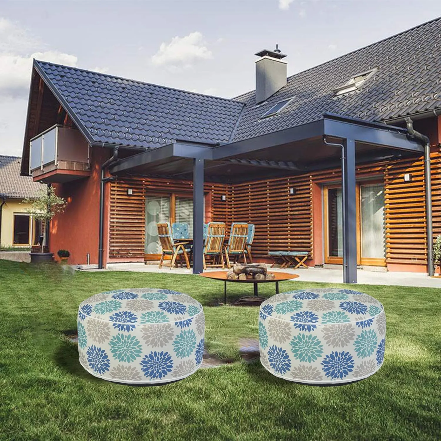 Kozyard Inflatable Ottoman Stool - Portable Round Pouf for Indoor/Outdoor Use - Perfect Small Foot Rest or Seating for Kids and Adults - Ideal for Camping or Home (Cool Calm)