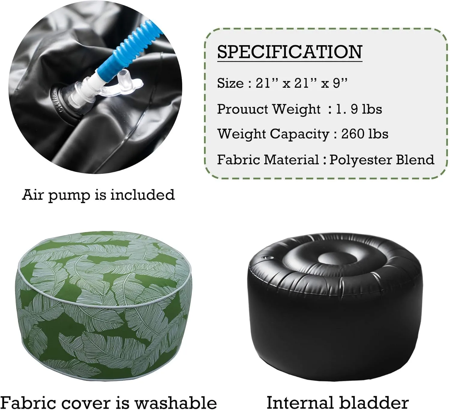 Kozyard Inflatable Ottoman Stool - Portable Round Pouf for Indoor/Outdoor Use - Perfect Small Foot Rest or Seating for Kids and Adults - Ideal for Camping or Home (Green Leaf)