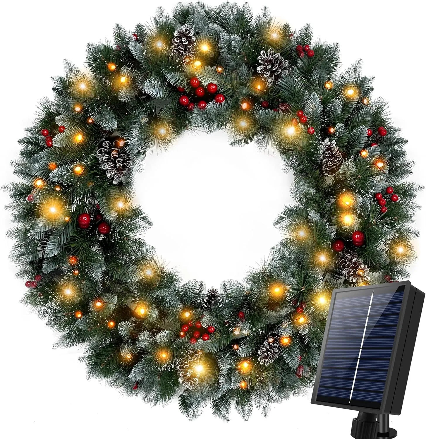 KPCB Tech Solar Wreath with 250 LED Lights, 48 inch Large Wreath for Home Wall Decor, Outdoor Lighted Wreaths for Party Decorations