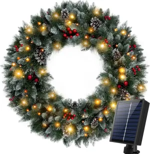 KPCB Tech Solar Wreath with 250 LED Lights, 48 inch Large Wreath for Home Wall Decor, Outdoor Lighted Wreaths for Party Decorations