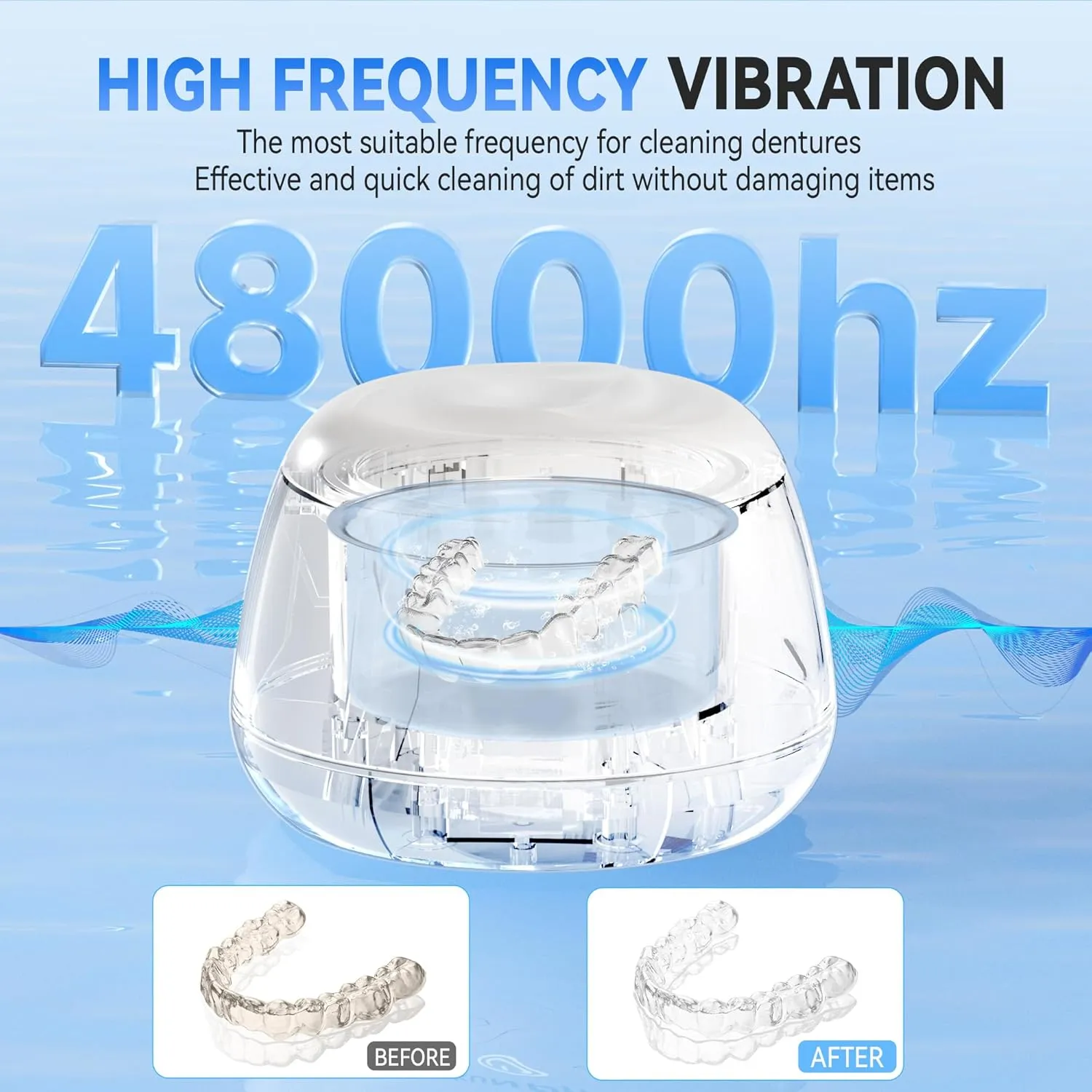 KUNPHY Ultrasonic Retainer Cleaner, 48kHz Denture Cleaner Machine with Cleaning Tablets, Water-Proof Dental Cleaning Pod for Deep Cleaning Night Guard, Mouth Guard, Aligner, Jewelry, Matte White