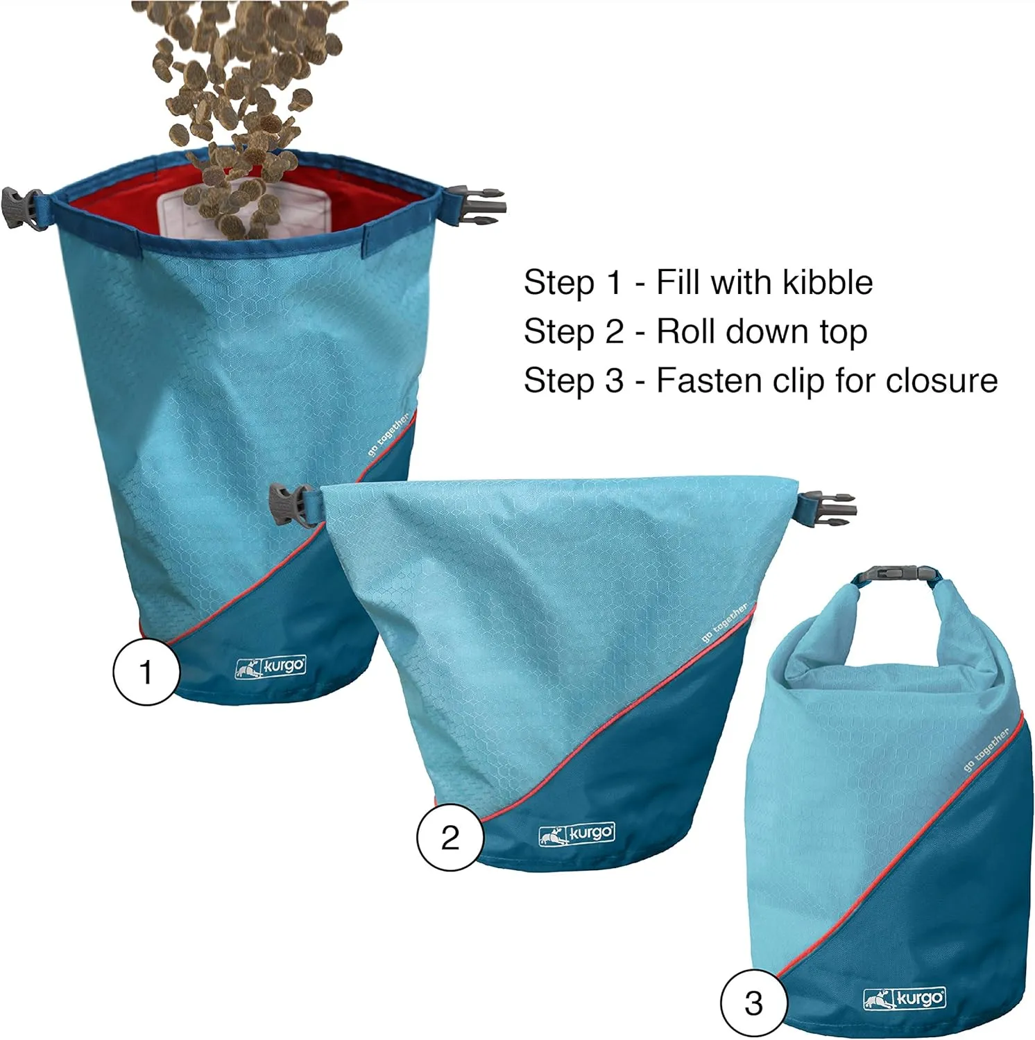 Kurgo Dog Food Travel Bag | Pet Food Travel Storage Container | Dog Travel Accessories for Camping | Easy to Clean | BPA Free | Foldable | Holds 5 Pounds | Kibble Carrier | Coastal Blue & Chili Red