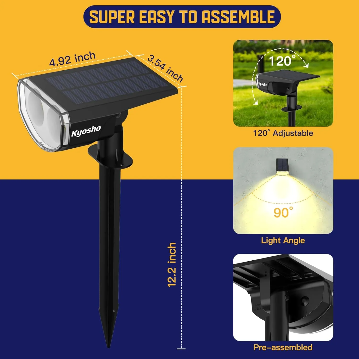 Kyosho Solar Spot Lights Outdoor Warm White, 38 LEDs Solar Landscape Lights IP67 Waterproof, 2-in-1 Outdoor Spotlights Garden Wall Lights with 3 Modes for Tree, Yard, Patio