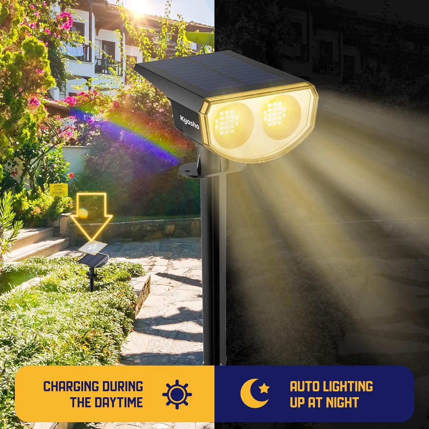 Kyosho Solar Spot Lights Outdoor Warm White, 38 LEDs Solar Landscape Lights IP67 Waterproof, 2-in-1 Outdoor Spotlights Garden Wall Lights with 3 Modes for Tree, Yard, Patio