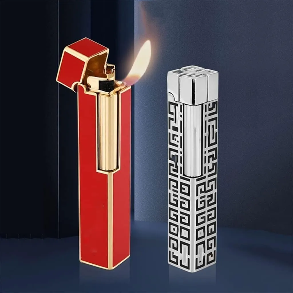 Ladies Lighter Classic Soft Flame Flint Wheel Butane Gas Refillable Lighter with Adjustable Flame Control ，Side Slip Wheel Vertical Ignition,with Gift Box (No Gas)(Blue)