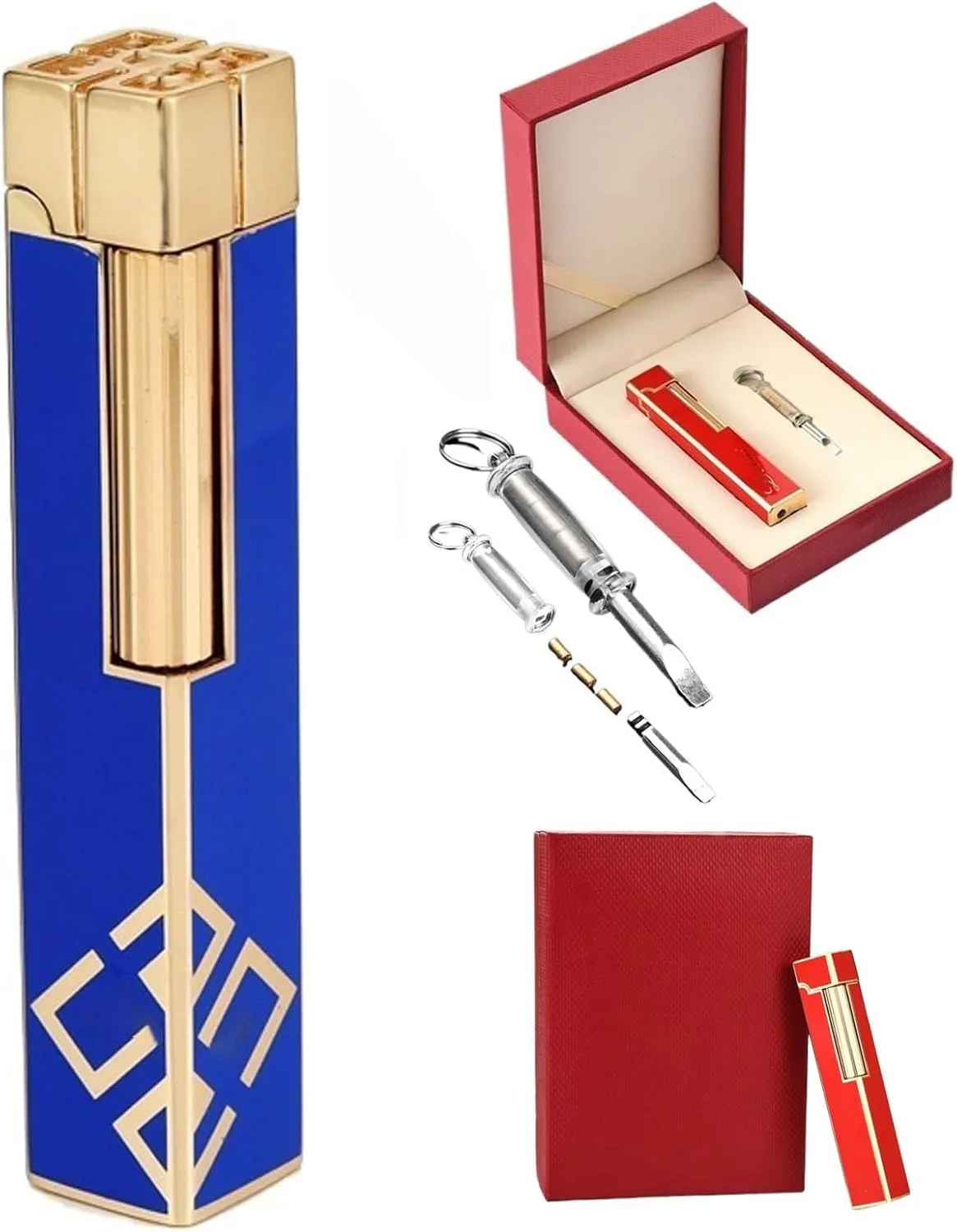 Ladies Lighter Classic Soft Flame Flint Wheel Butane Gas Refillable Lighter with Adjustable Flame Control ，Side Slip Wheel Vertical Ignition,with Gift Box (No Gas)(Blue)