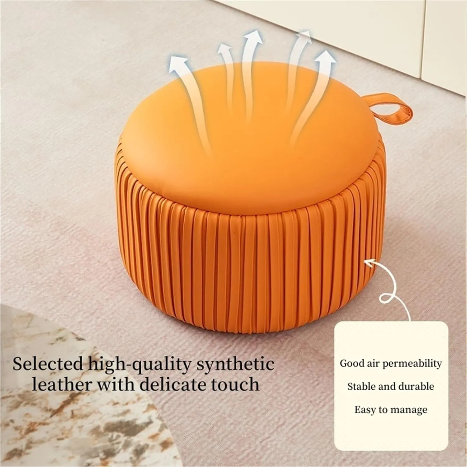 Leather Ottoman Small Stool Low Foot Rest Stool Round Footstool Stackable Makeup Chair Leisure Chair for Balcony Living Room Dressing Room Creative idea(Gray)
