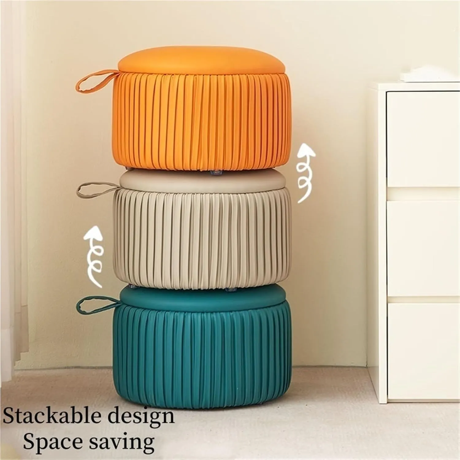 Leather Ottoman Small Stool Low Foot Rest Stool Round Footstool Stackable Makeup Chair Leisure Chair for Balcony Living Room Dressing Room Creative idea(Gray)