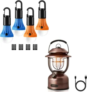 Lepro 4-Pack Mini LED Camping Lanterns with Hook & Rechargeable Retro Classic LED Camping Lantern with Power Bank - Battery Powered, 1000 Lumen, Blue, Orange, Red, Not Water Resistant