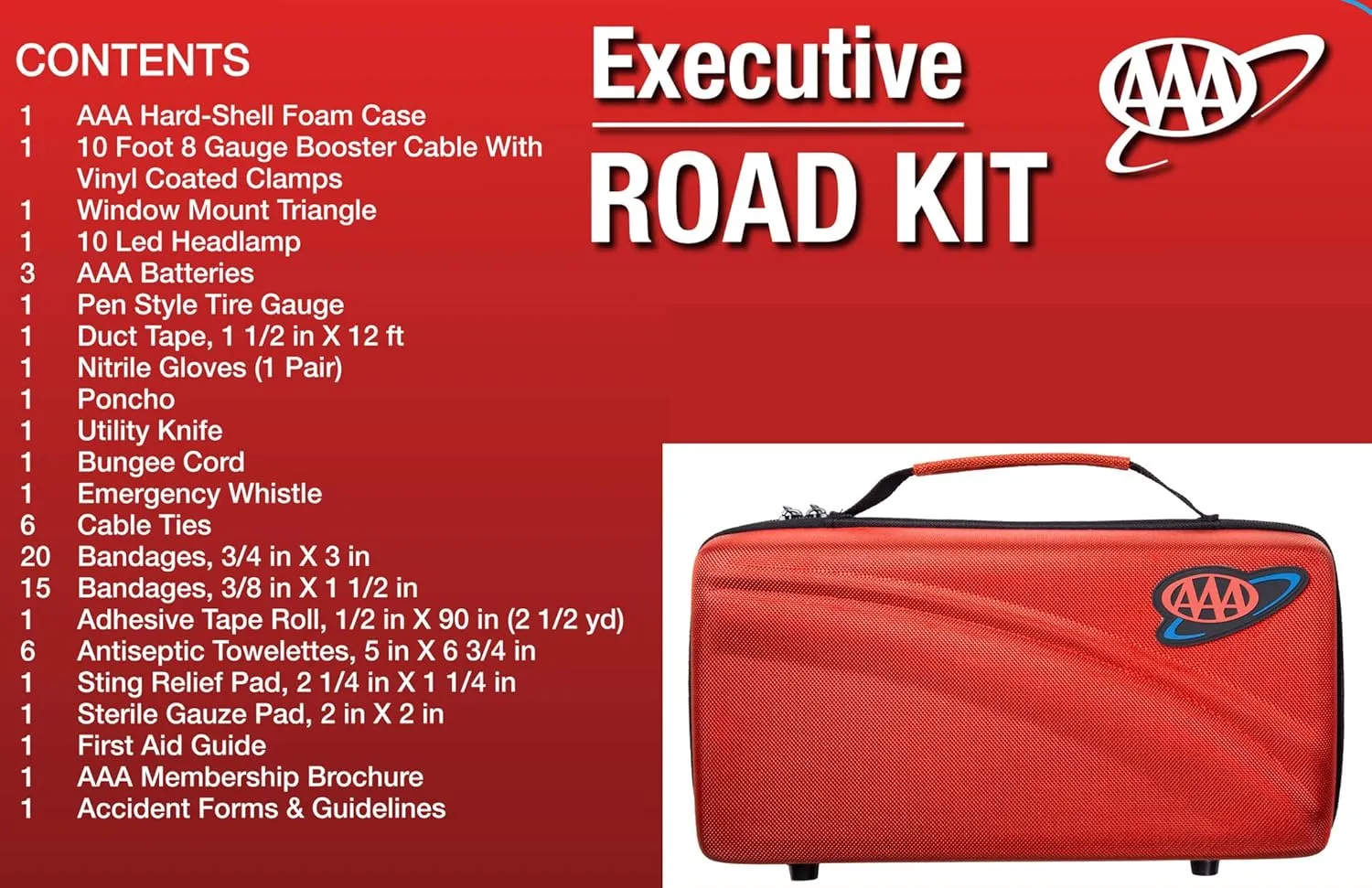 Lifeline AAA Executive Road Kit, 67 Piece Emergency Car Jumper Cables, Headlamp, Warning Triangle and First Aid Kit