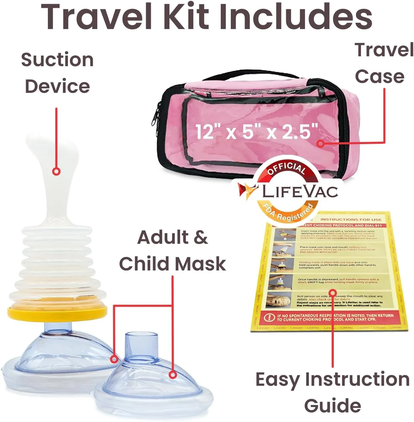 LifeVac Choking Airway Rescue Suction First Aid Device | Travel Kit - Pink