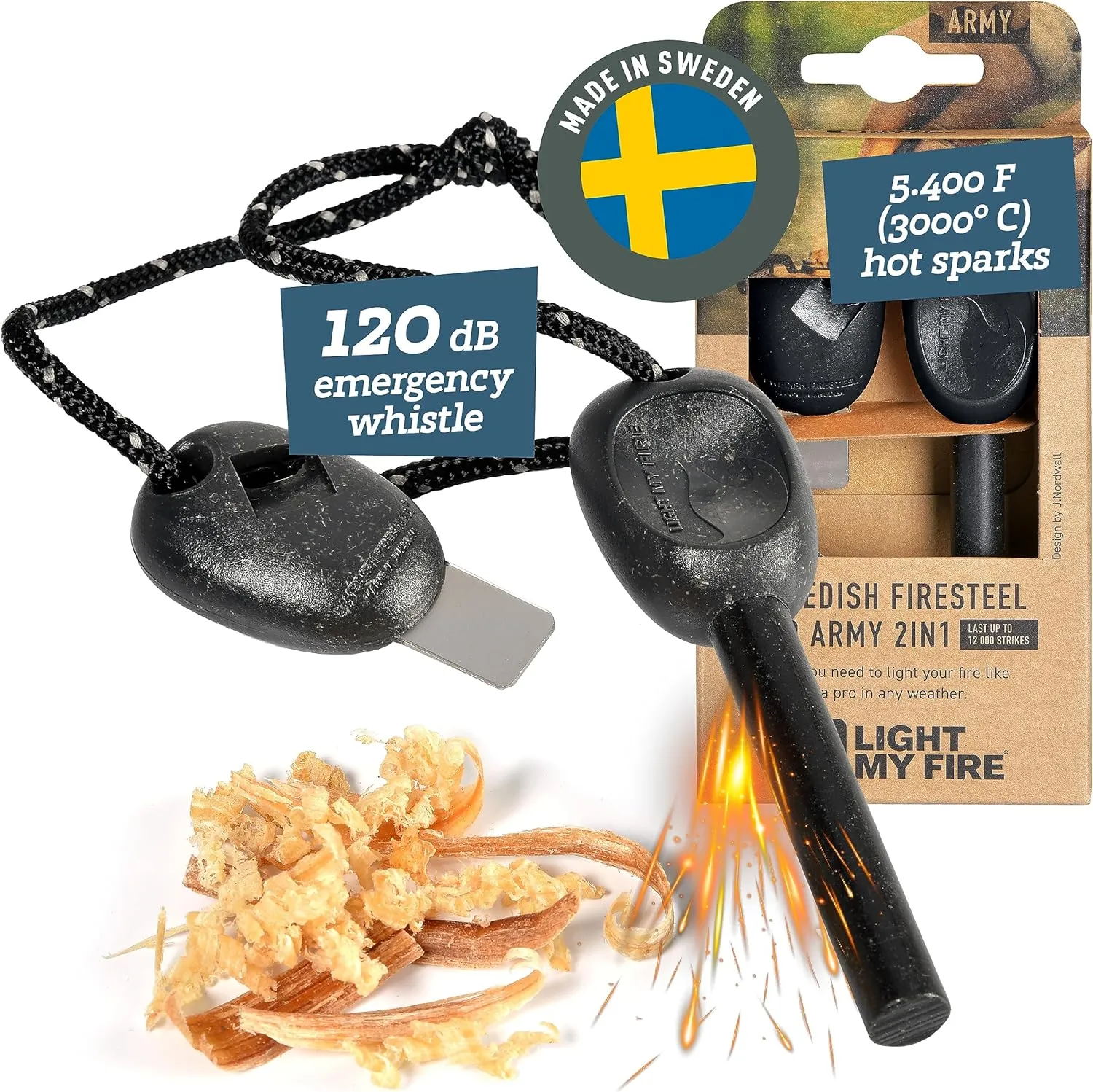 Light My Fire Flint Fire Starter Ferro Rod Survival Tool Army — Fire Steel Bushcraft Gear — Flint and Steel Magnesium Fire Starter Kit — 3/8” 2-in-1 Fire Starters for Campfires — 12,000 Strikes
