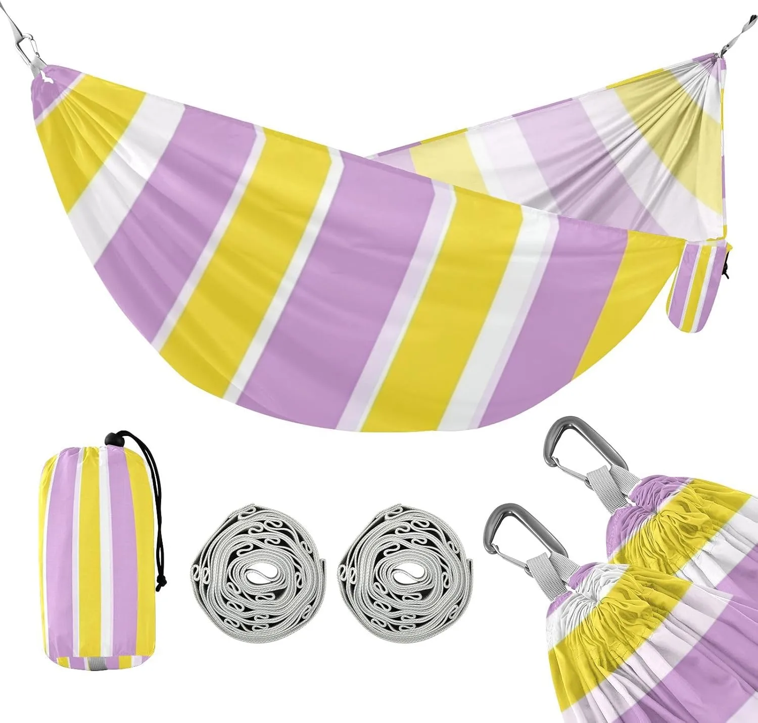 Light Purple and Yellow Stripes 330lb Capacity Outdoor Hammocks with Tree Straps Backyard Hammock for Camping & Hiking Essential hamaca para acampar