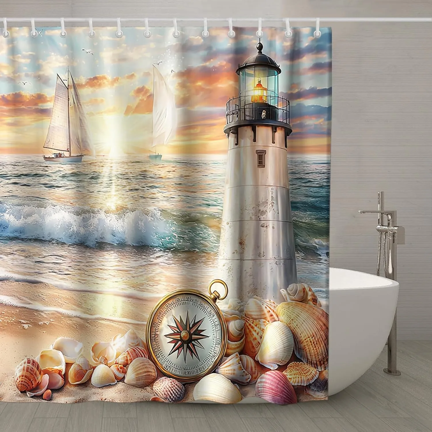 Lighthouse Beach Shower Curtain Ocean Theme Coastal Shower Curtains Sailboat Seashells Blue Bathroom Decor Accessory with Hooks 72" W x 84" H