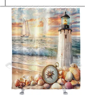 Lighthouse Beach Shower Curtain Ocean Theme Coastal Shower Curtains Sailboat Seashells Blue Bathroom Decor Accessory with Hooks 72" W x 84" H