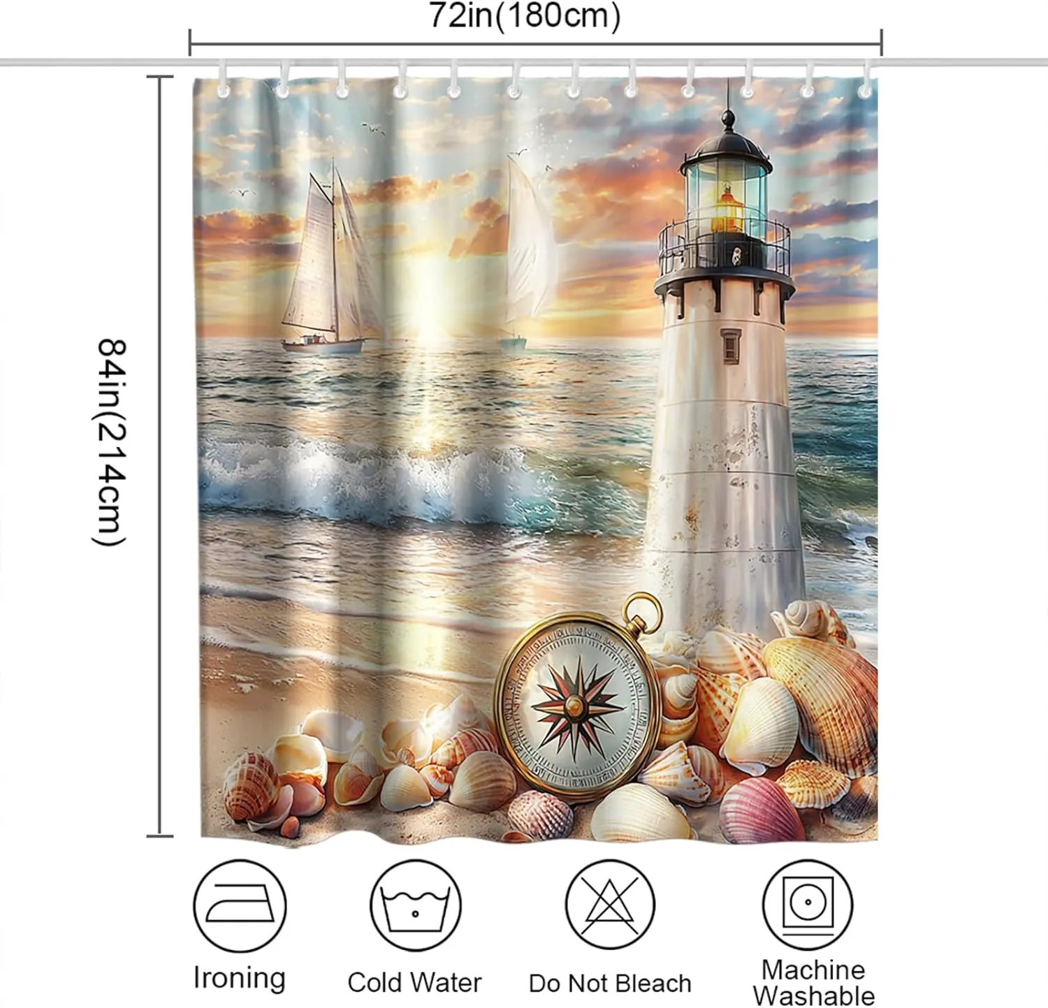 Lighthouse Beach Shower Curtain Ocean Theme Coastal Shower Curtains Sailboat Seashells Blue Bathroom Decor Accessory with Hooks 72" W x 84" H