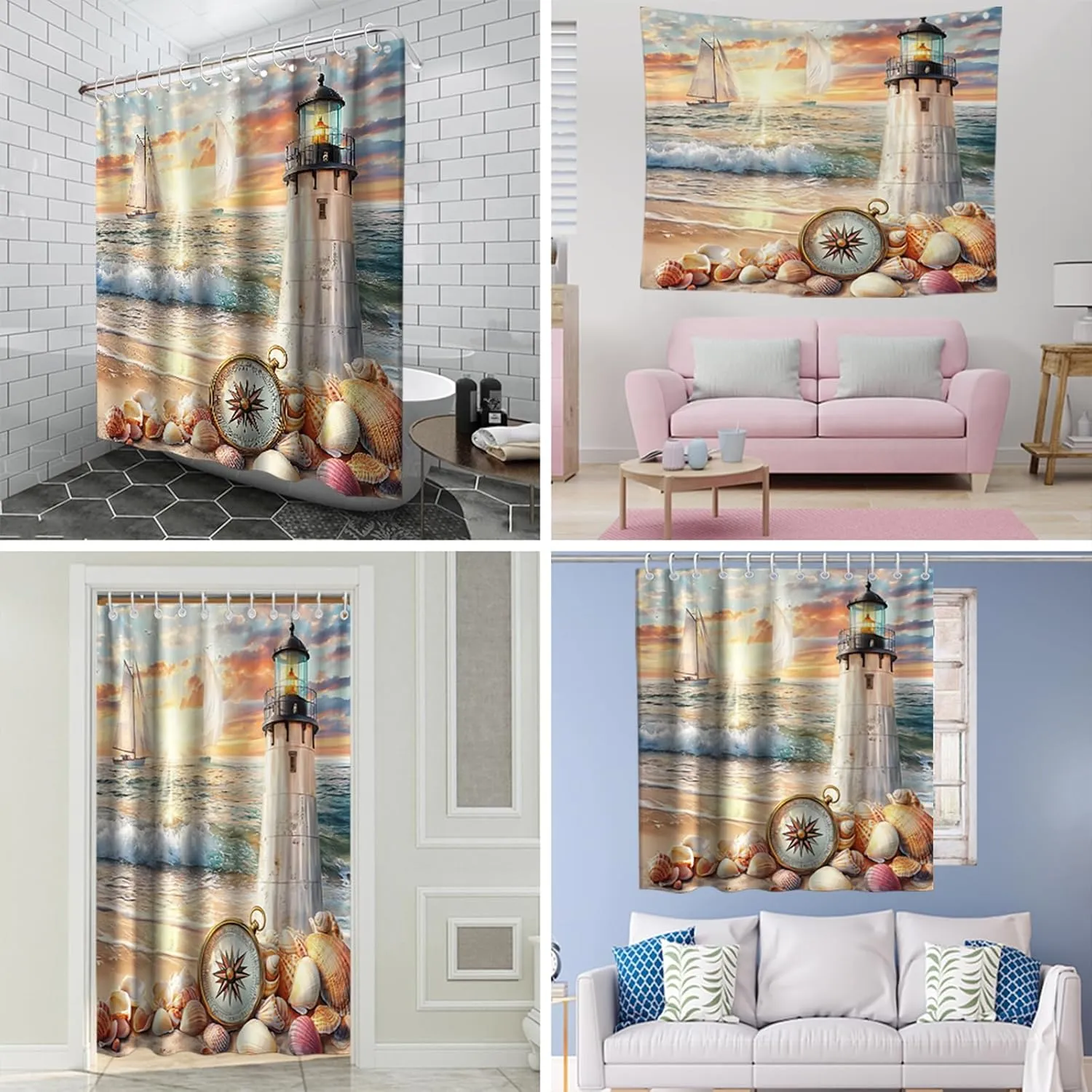 Lighthouse Beach Shower Curtain Ocean Theme Coastal Shower Curtains Sailboat Seashells Blue Bathroom Decor Accessory with Hooks 72" W x 84" H