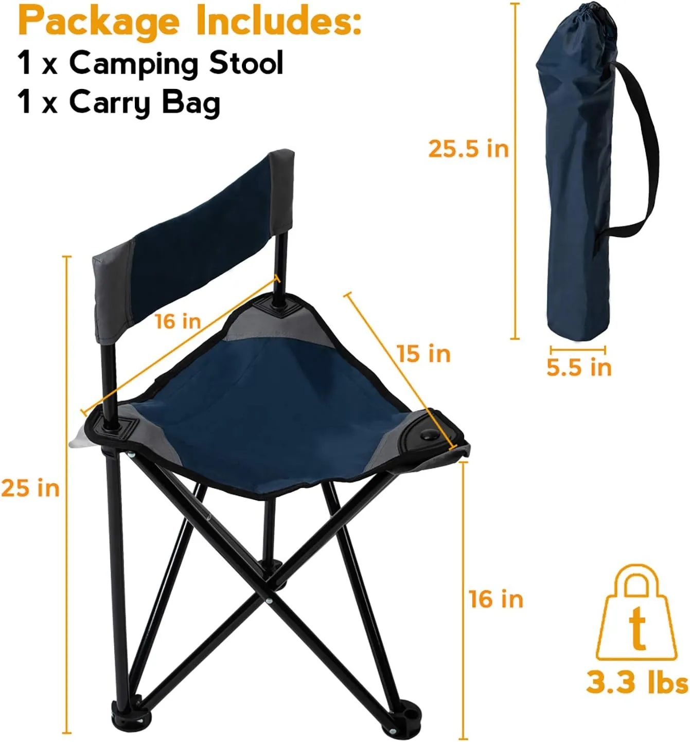 Lightweight Portable Tripod Camp Chair, Includes Carry Bag,polyester,steel - Navy/Gray