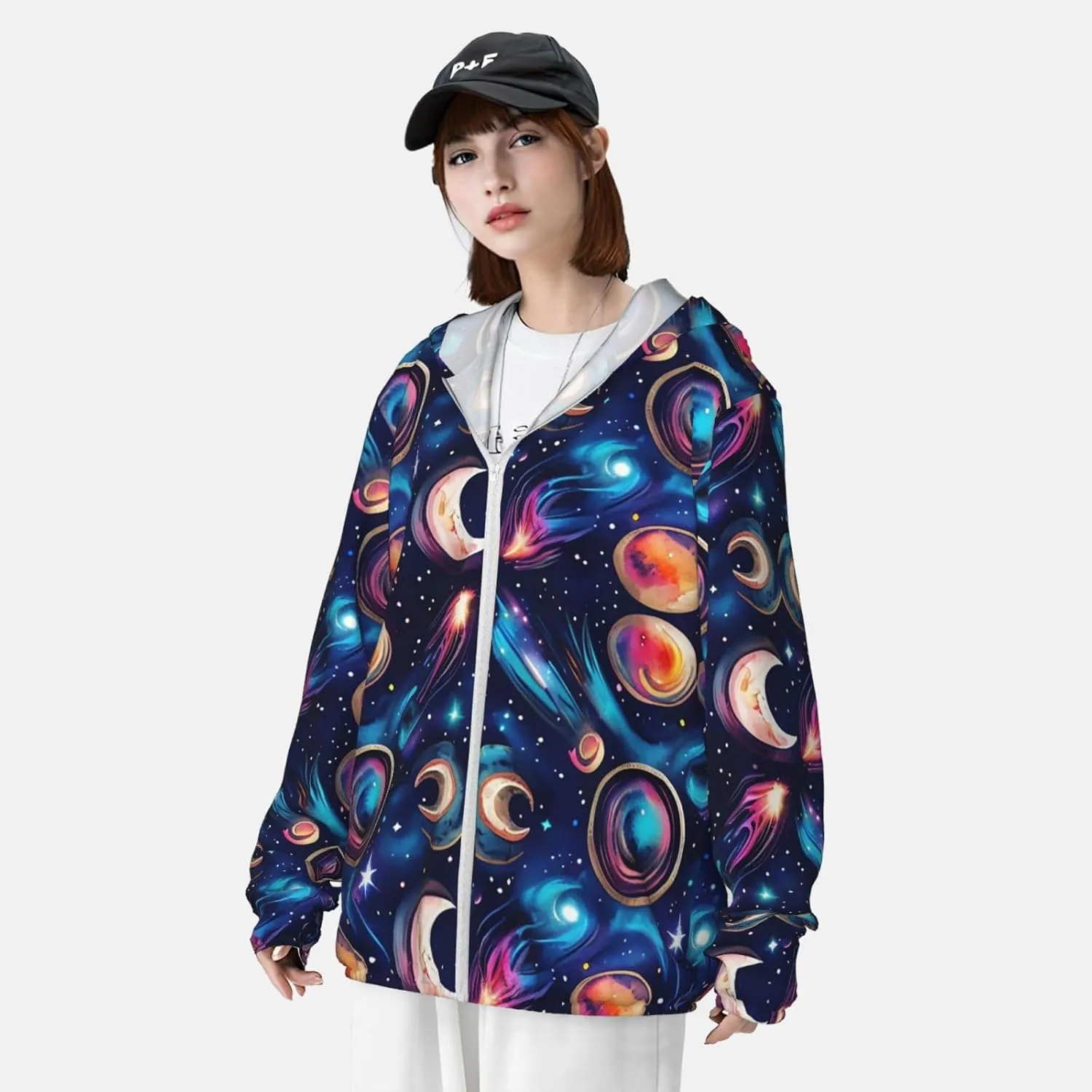 Lightweight UV Protection Sun Jacket, Cosmic Celestial Pattern Print Sportswear Hooded Sunblock Shirt for Outdoor