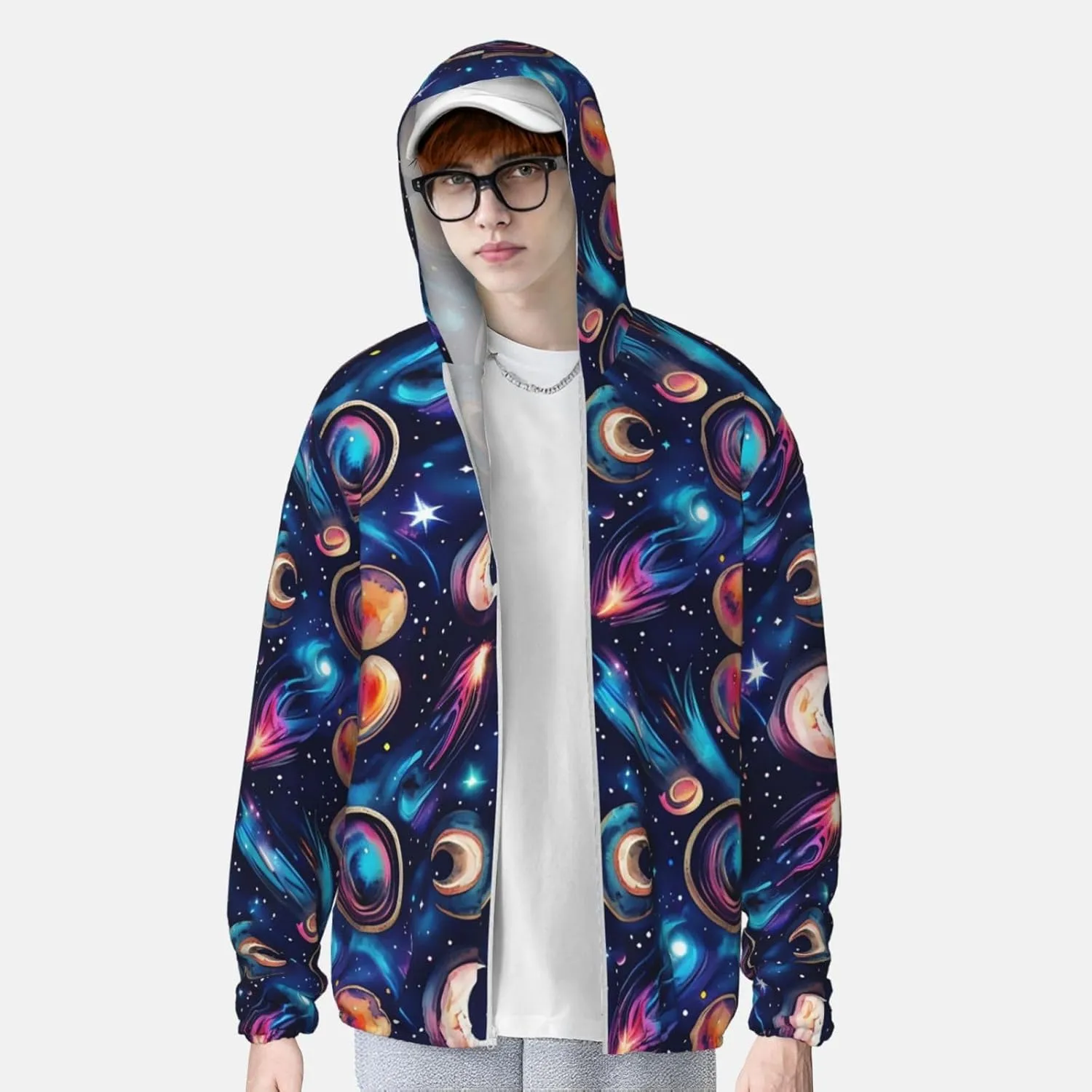 Lightweight UV Protection Sun Jacket, Cosmic Celestial Pattern Print Sportswear Hooded Sunblock Shirt for Outdoor